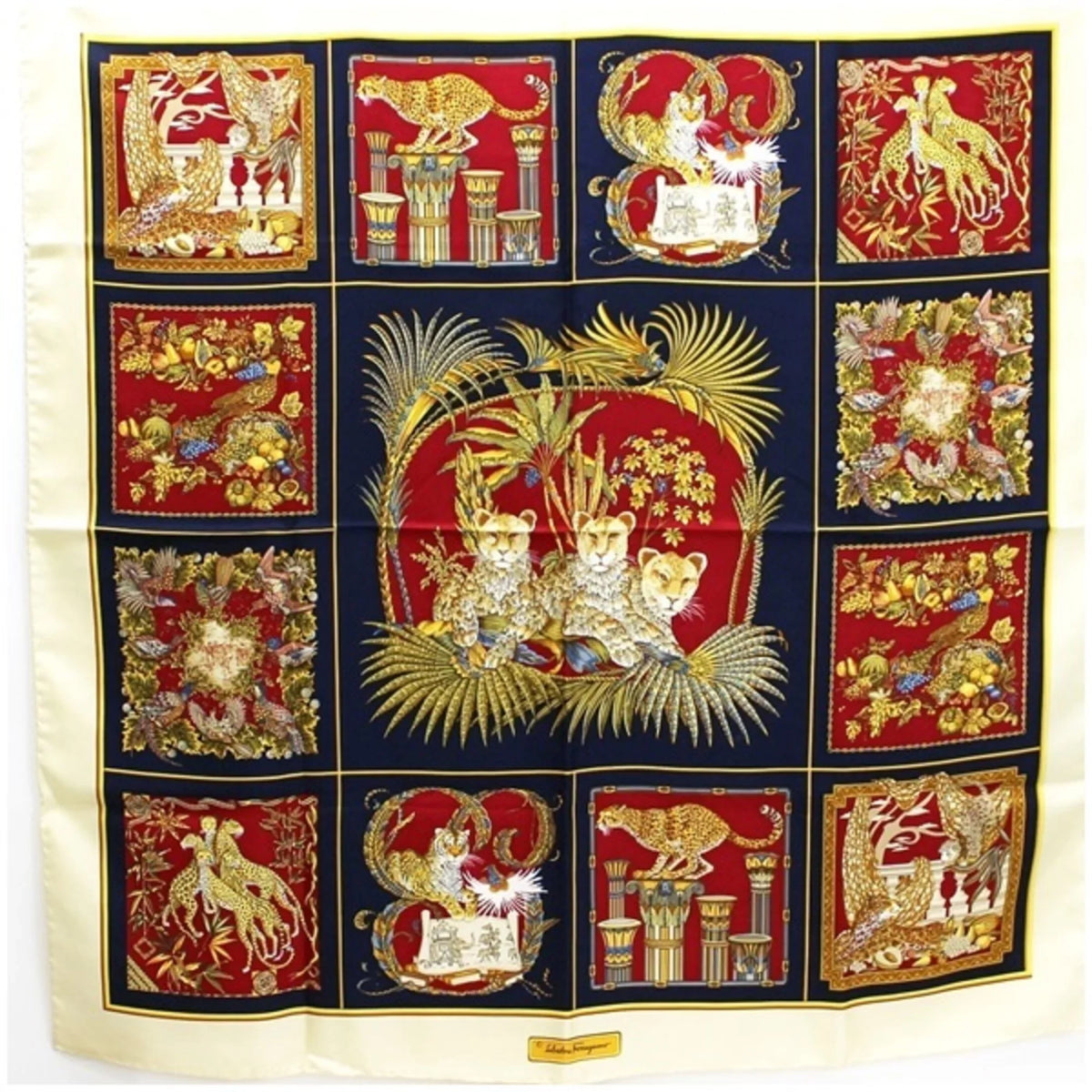 Pre-Owned Salvatore Ferragamo silk scarf muffler ivory × navy animal and plant pattern   ladies leopard print (Good)