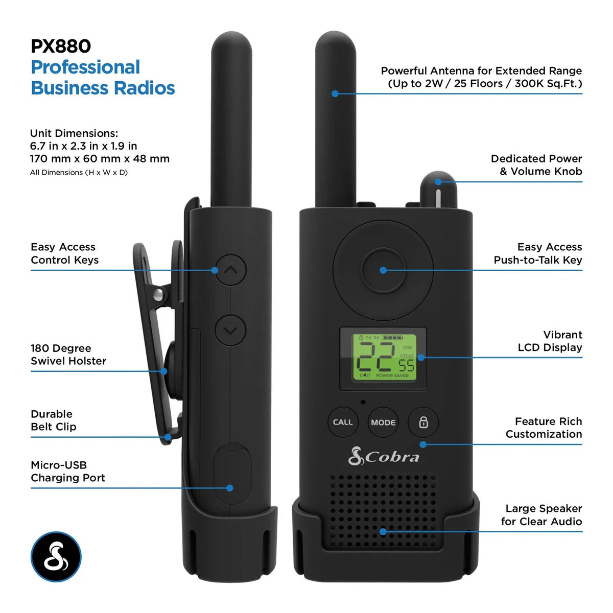 Cobra® MicroTALK -PX880 Two-Way Radios, Black, Pack Of 2 Radios