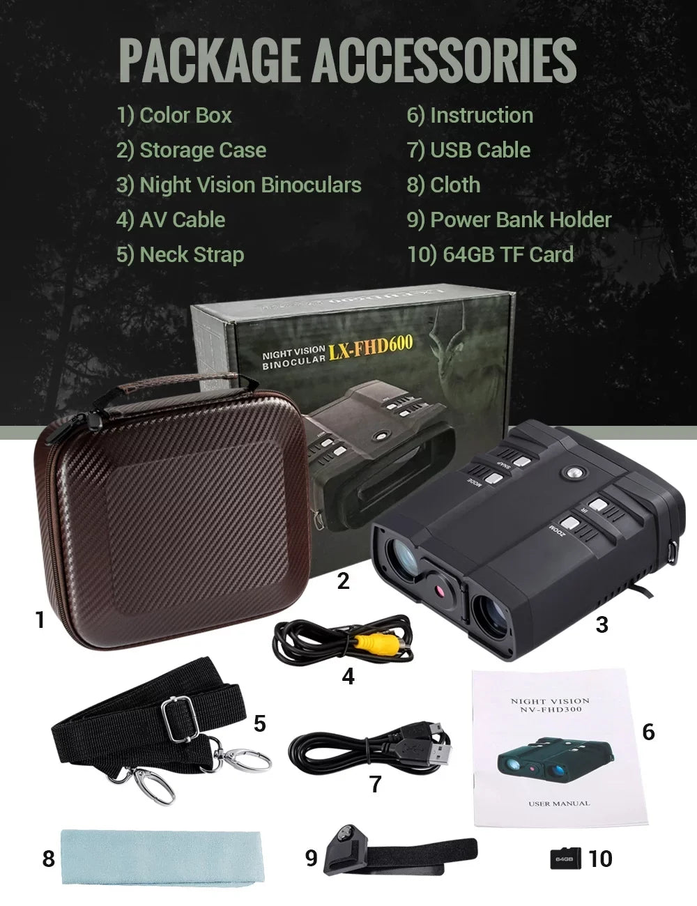 10.8 x 31mm Night Vision Binoculars for Total Darkness with 64G  Card Infrared Digital Night Vision Binocular with Large Viewing Screen Hunting Binoculars for Day and Night