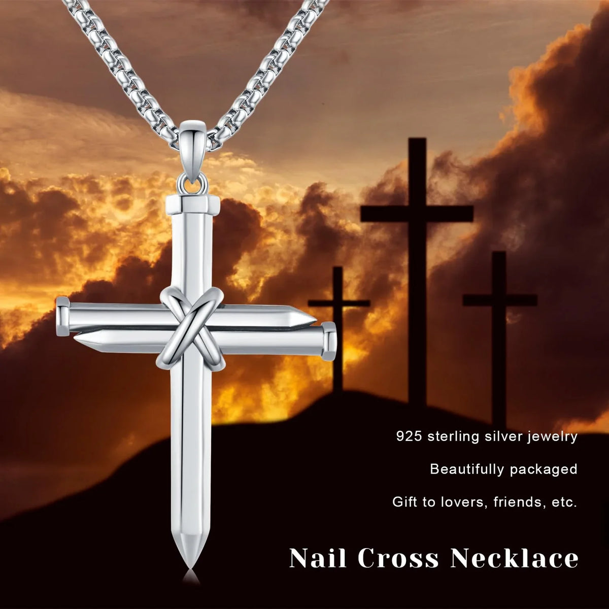 Midir&Etain Cross Necklace for Men Boys 925 Sterling Silver Nail Cross Pendant Necklace Solid Cross Charm Christian Jewelry Religious Graduation Gifts