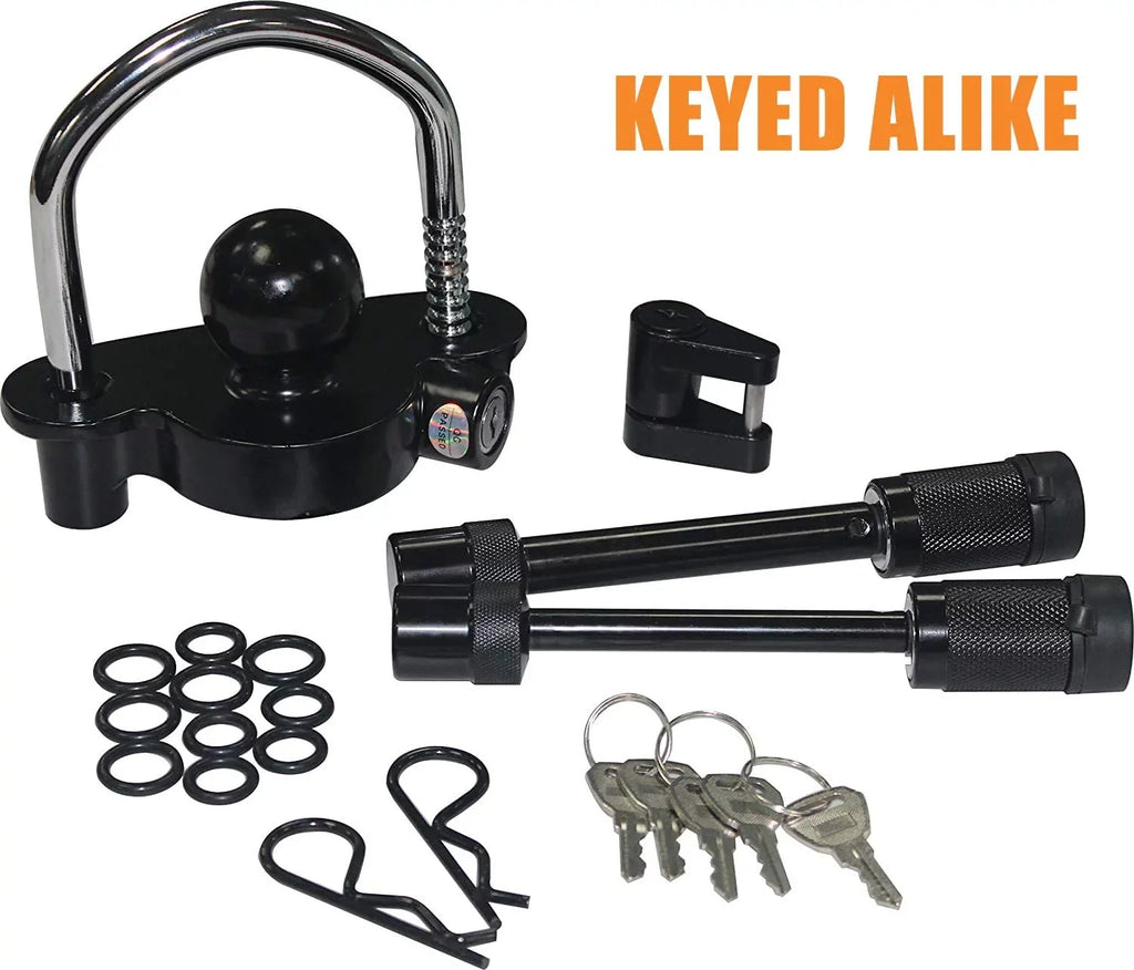 Trailer Hitch Lock Set, Include Trailer Coupler Lock,Tongue Lock and 5/8 Inch, 1/2 Inch Hitch Pin Lock Fit Class I    V Receiver to Secure Trailer for Towing and Storage(Keys Alike)