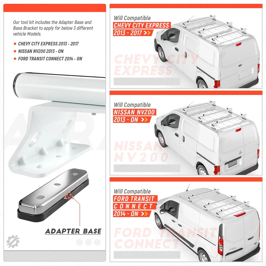 '-Racks Model AX312 Aluminum Van Roof Rack Cross Bars Fits for 2013-On NV200/ 2014-On Transit Connect/ 2013-2017 City Express, 3 Bar 50'' - White