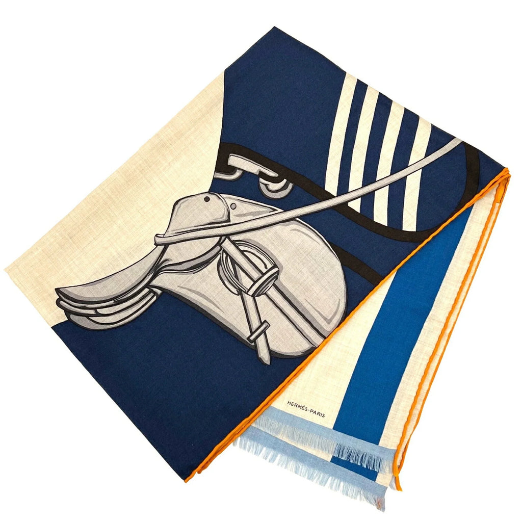 Pre-Owned  Hermes Rectangle Stole 2022 Spring/Summer Collection Natural Jaune Marine Silk Cashmere Scarf 22SS Women's Men's (Like New)