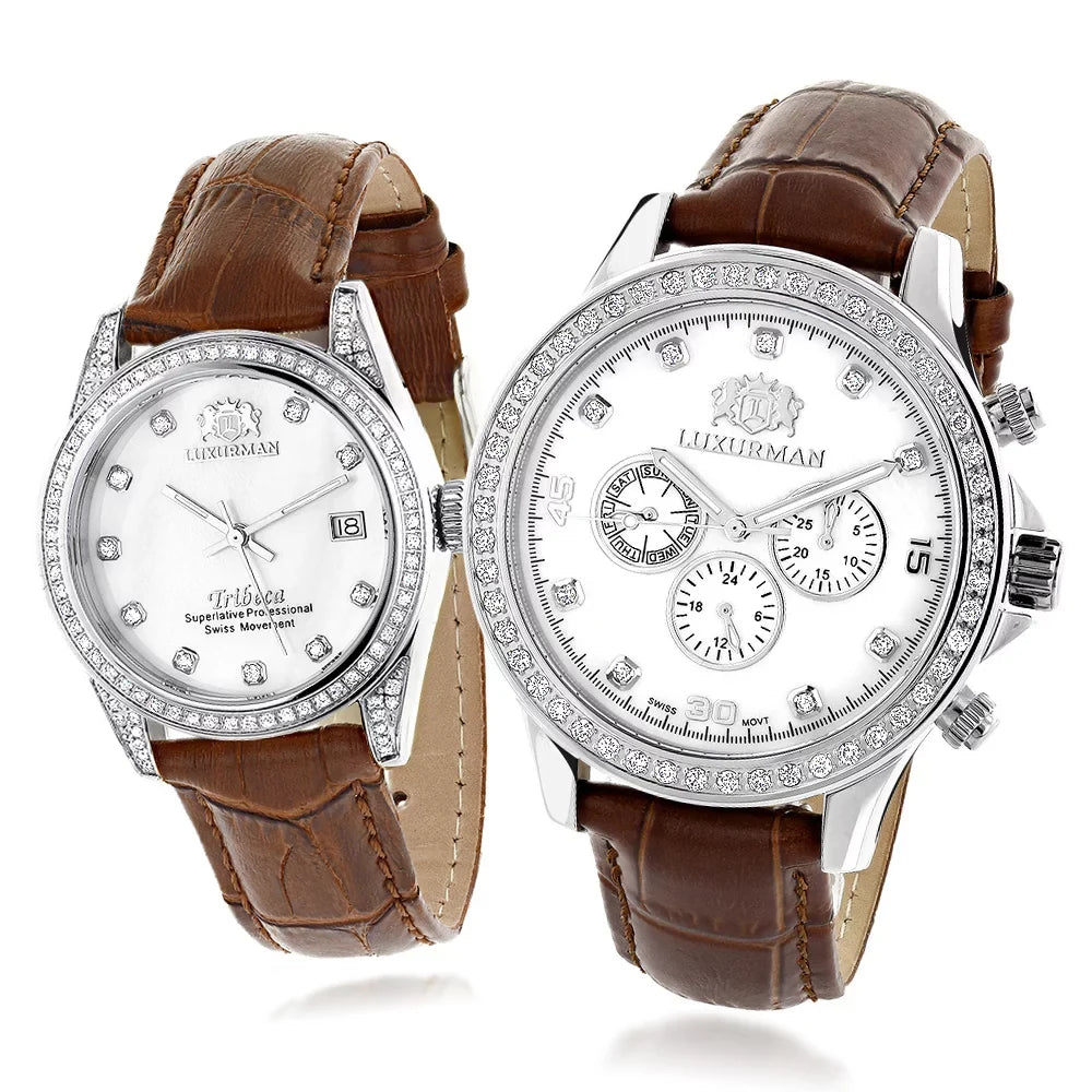 Matching His and Hers Watches White  Gold Plated Diamond Watches