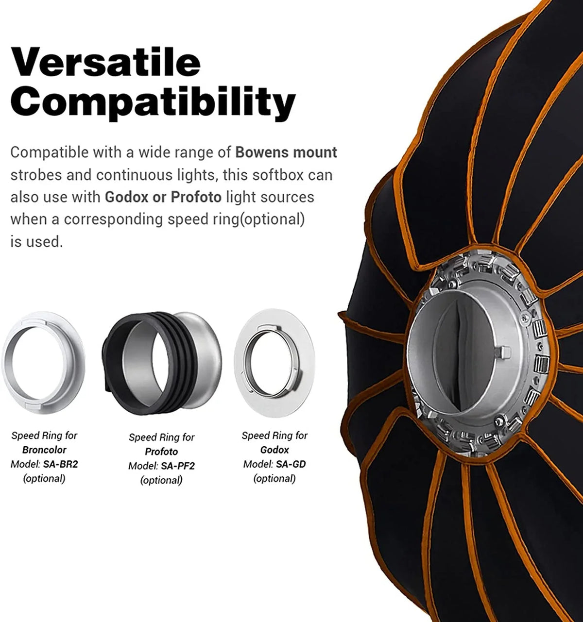 '-P120 47.1 Inch/120CM Parabolic Softbox Bowens Mount, Quick Release Parabolic Softbox, with Front & Inner Diffuser -60W AD600BM VL150 UL150 SL150II Amaran 100X 200D 200X w/Grid