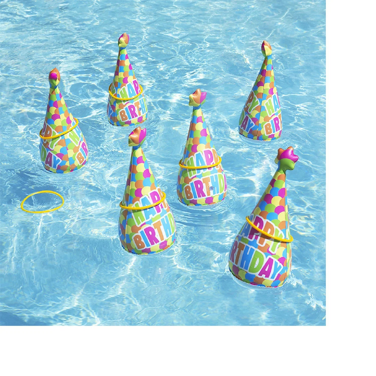 Pool Master 17" Inflatable "Happy Birthday" Party Hat Ring Toss Swimming Pool Game 6pc - Yellow/Blue