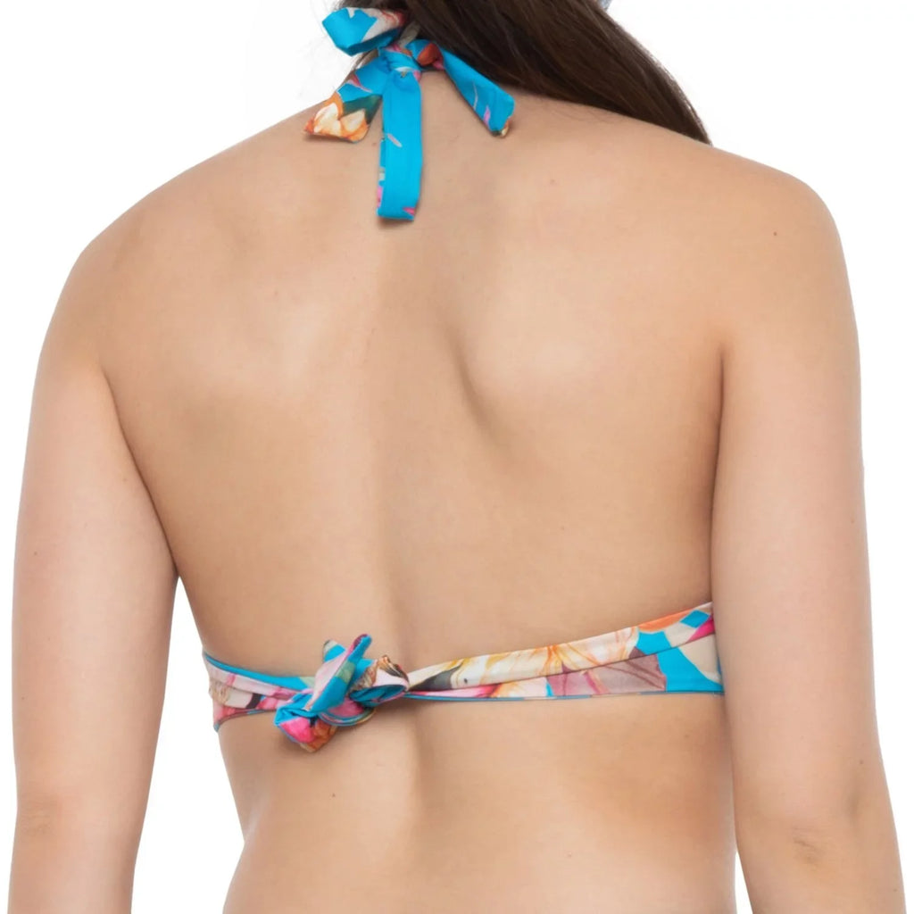 Women's Blue Tropical Print Shirring Tie Sweetheart Molded Cup Halter Swimsuit Top 12