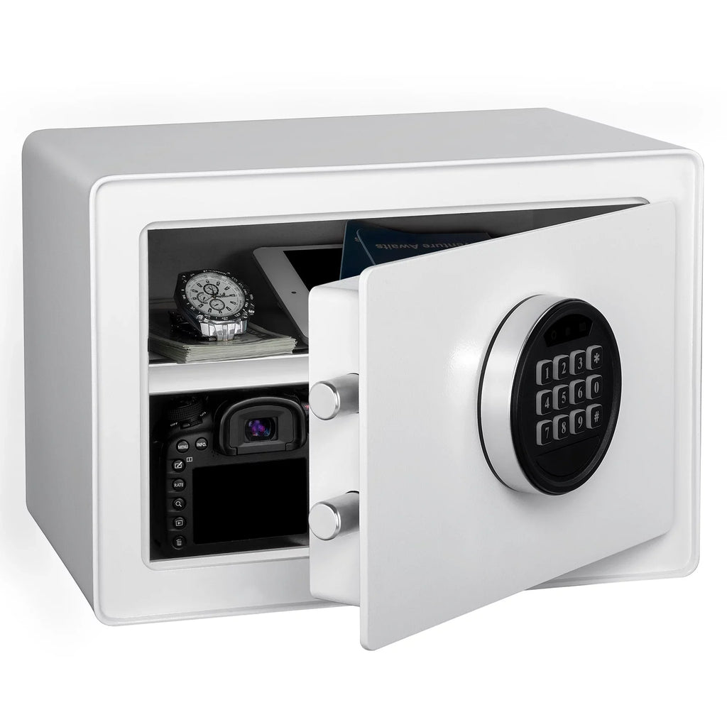 Pen + Gear Safes 0.57  with Electronic Lock, Backup Key, 1 Shelf, Carpeted Interior, White
