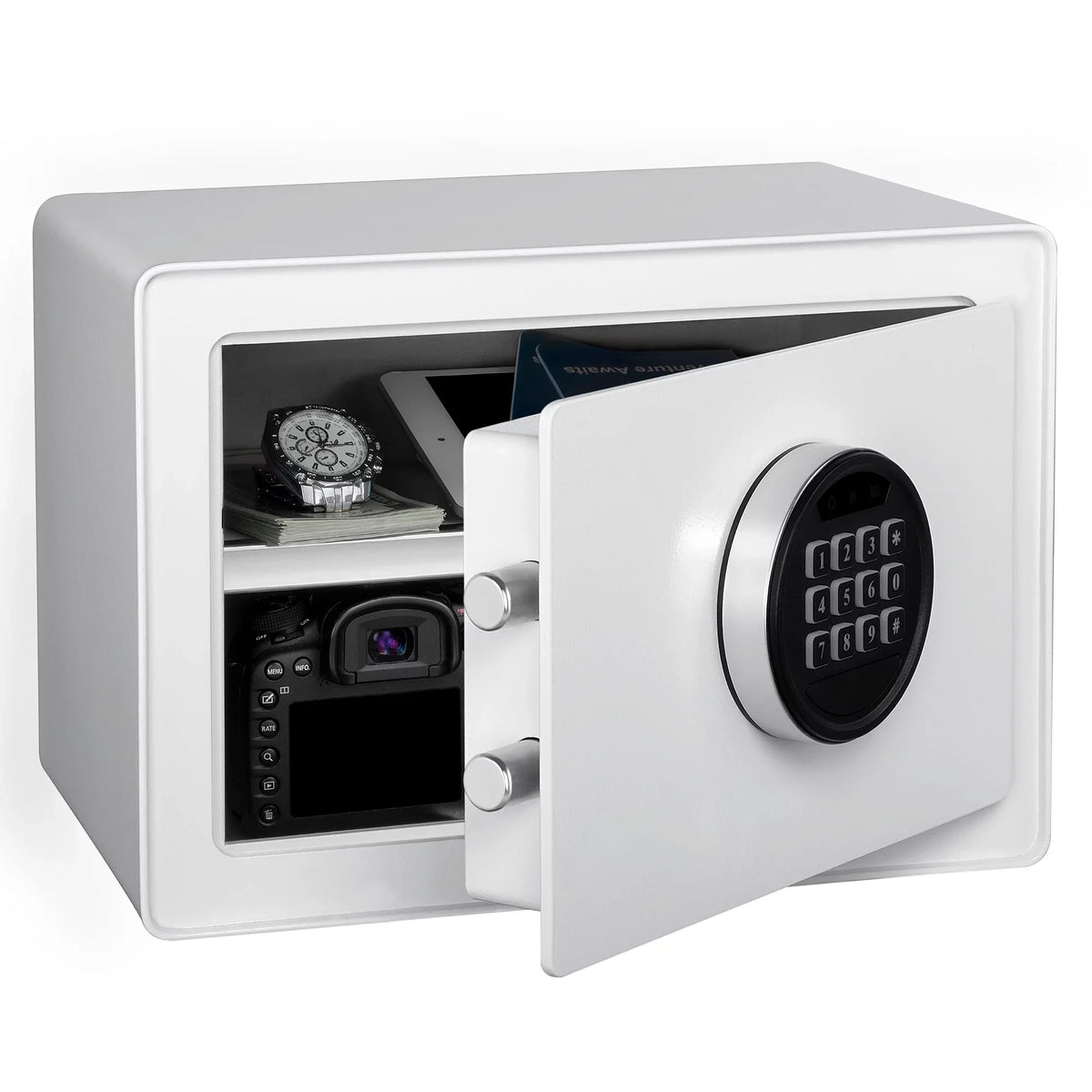 Pen + Gear Safes 0.57  with Electronic Lock, Backup Key, 1 Shelf, Carpeted Interior, White