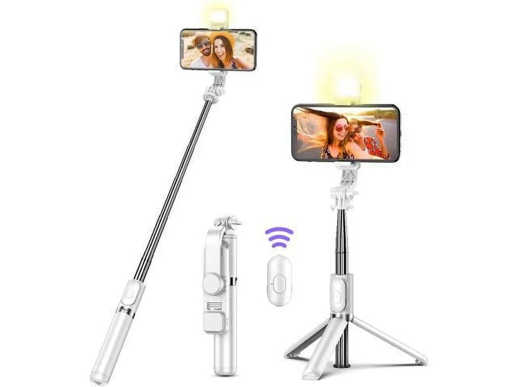 Selfie Stick Tripod with Remote, Extendable Cell Phone Tripods with  Ring Light, Remote Compatible with iPhone and Android (White, Model Q02s)
