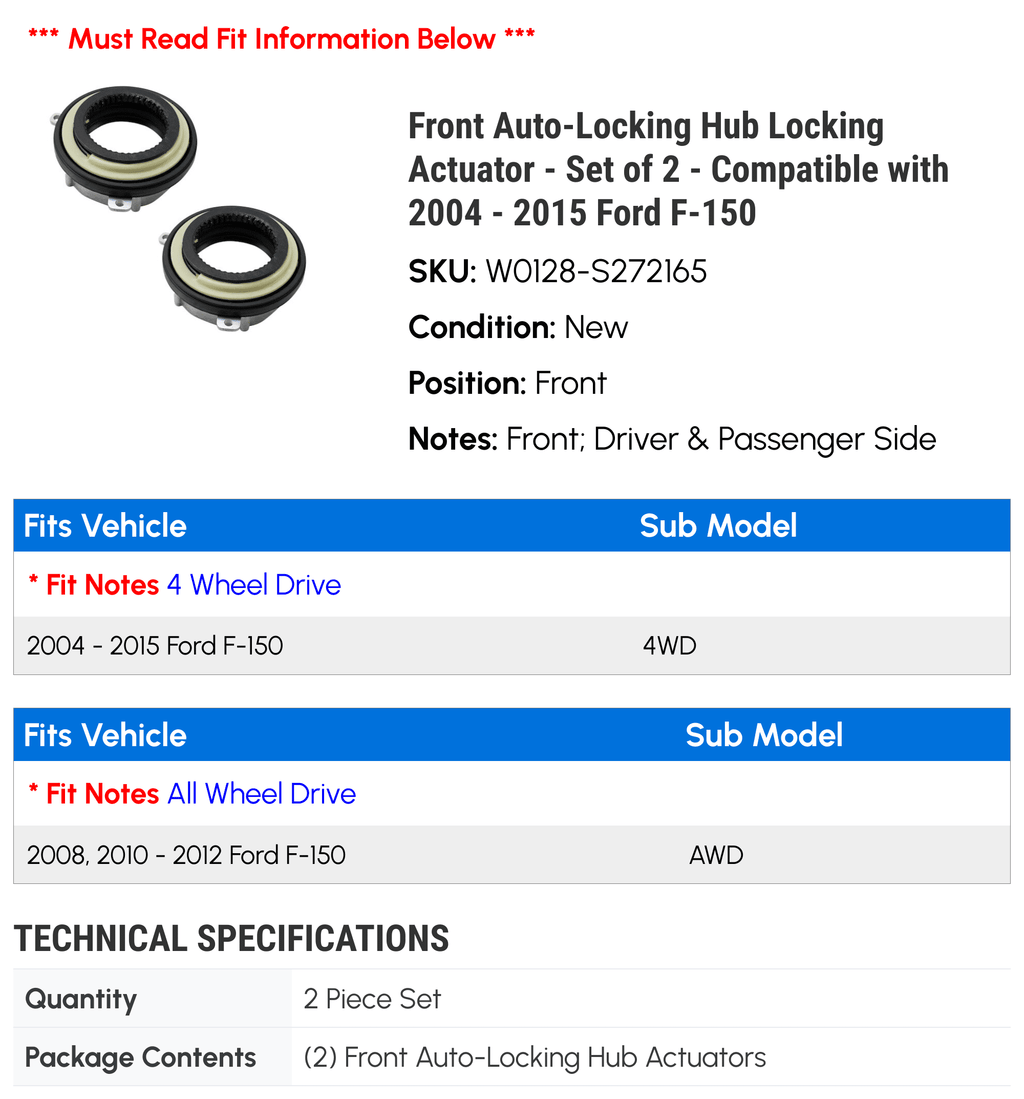 Front Auto-Locking Hub Locking Actuator - Set of 2 - Compatible with 2004 - 2015 Ford F-150 4WD,  2005 2006 2007 2008 2009 2010 2011 2012 2013 2014
