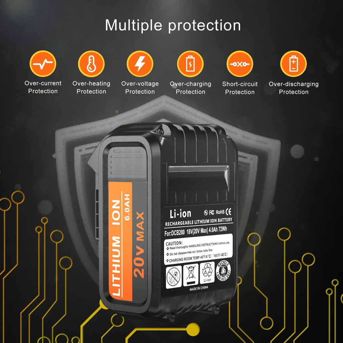 4 Pack DCB200 For DeWalt 20 Volt Max  6.0AH Lithium Ion Premium Battery
