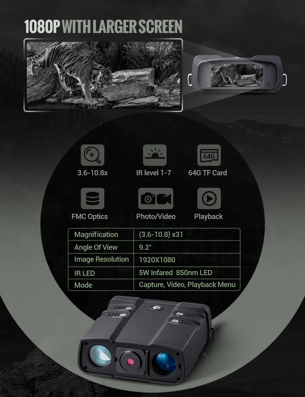 10.8 x 31mm Night Vision Binoculars for Total Darkness with 64G  Card Infrared Digital Night Vision Binocular with Large Viewing Screen Hunting Binoculars for Day and Night