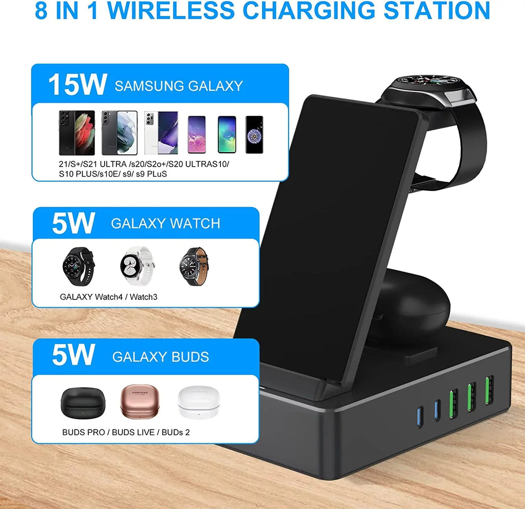 8 in 1 Charging Station for Sumsung, 100W Wireless Charger for Multiple Devices, Lidlife Fast Charging Stand Dock for AirPods with 15W Usb a/ 20W Usb C Port Compatible Black