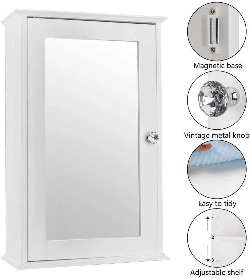Bathroom Cabinet Wall Mount Mirrored Medicine Cabinet Storage Organizer with Single Door and 2 Adjustable Shelves White