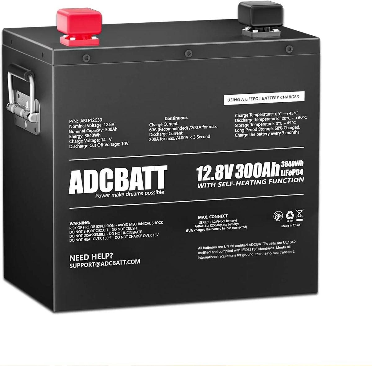 Adcbatt 12V 300Ah LiFePO4 Battery with Self Heating and Metal Case for , Trolling Motor, off-Grid