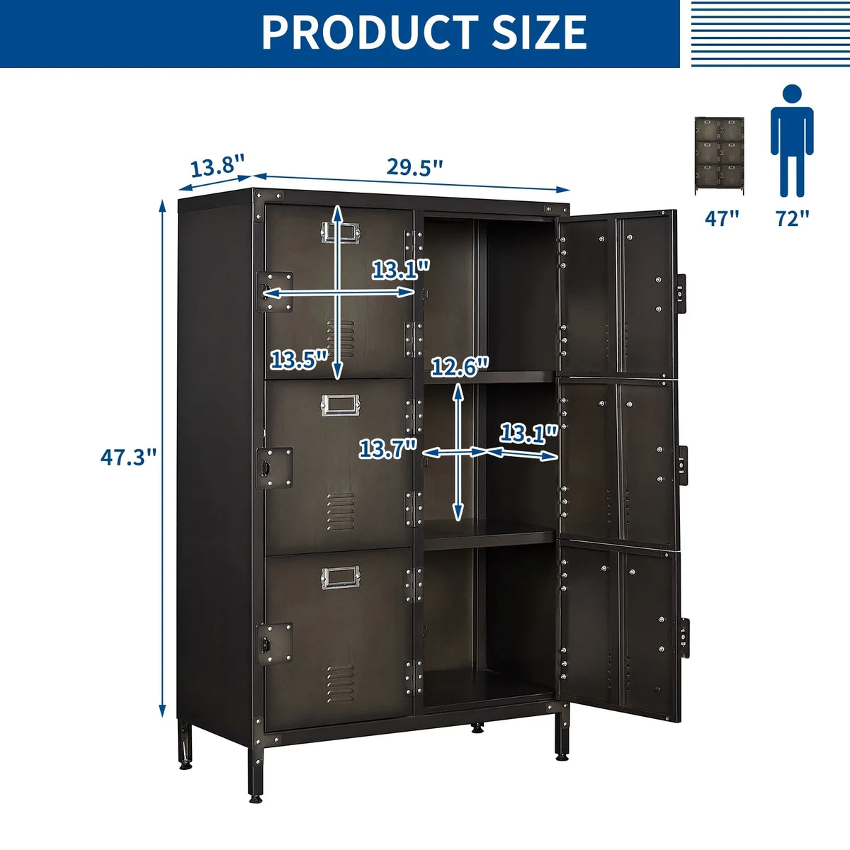 Metal Locker 47.3" Steel Storage Cabinet with 2 Shelf ,Office School Gym Bedroom Metal Storage Locker Cabinets for Employees Students Steel Locker
