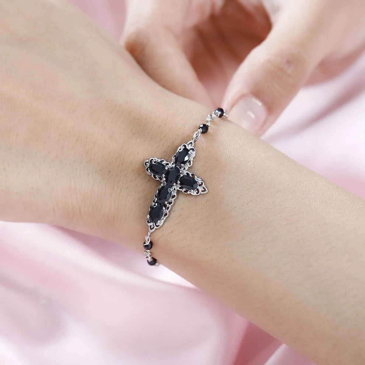 Shop  Black Spinel Oval Platinum Plated Cross Bracelet for Women Jewelry Ct 4.79 Mothers Day Gifts for Mom