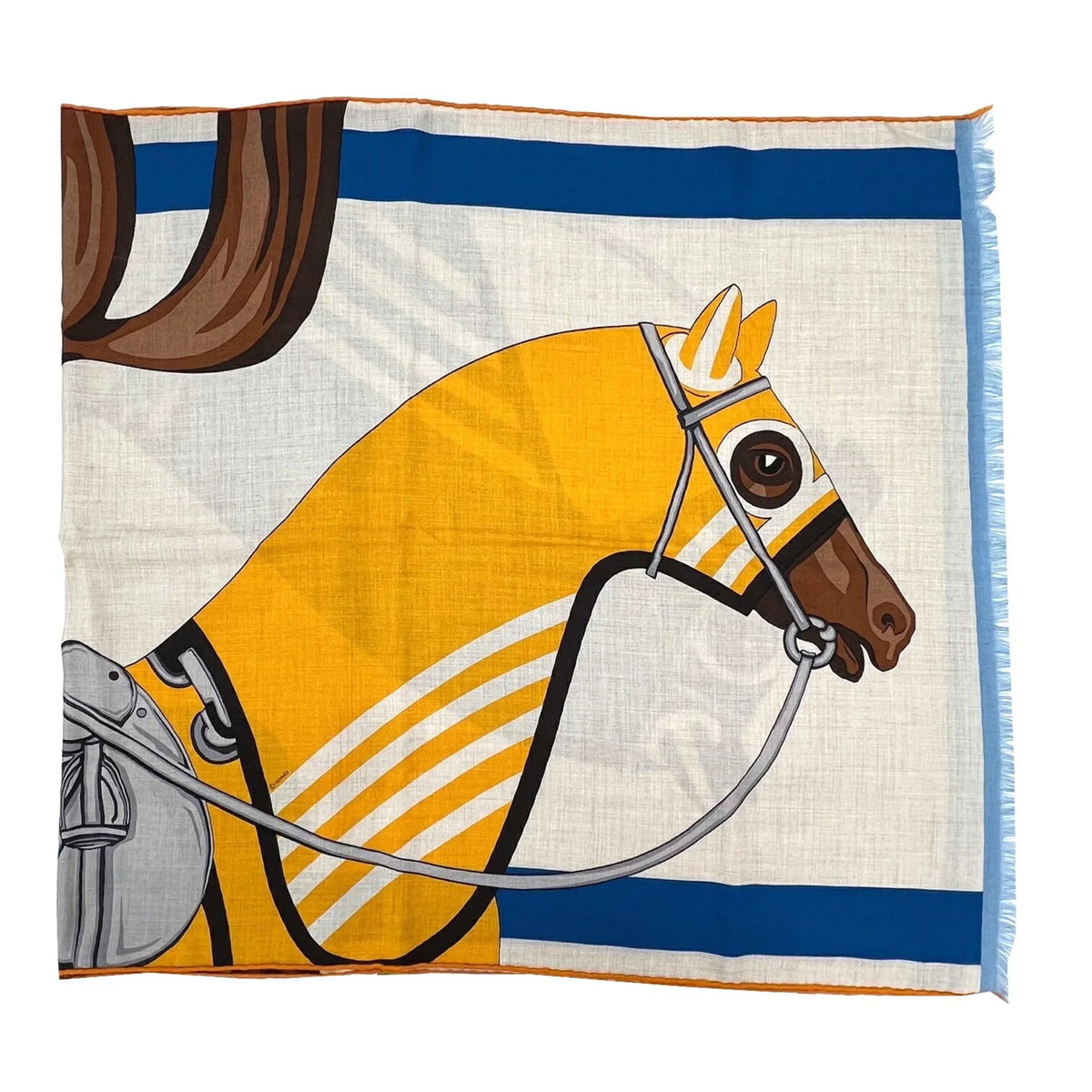Pre-Owned  Hermes Rectangle Stole 2022 Spring/Summer Collection Natural Jaune Marine Silk Cashmere Scarf 22SS Women's Men's (Like New)
