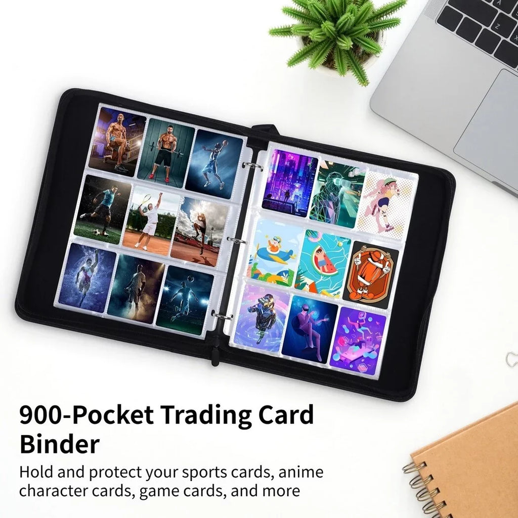 900-Pocket Trading Card Binder, Portable Card Binder with Removable Sheets, Sports Card Binder,  Leather Storage Case with Zipper for Standard-sized Baseball, Football, Basketball Cards