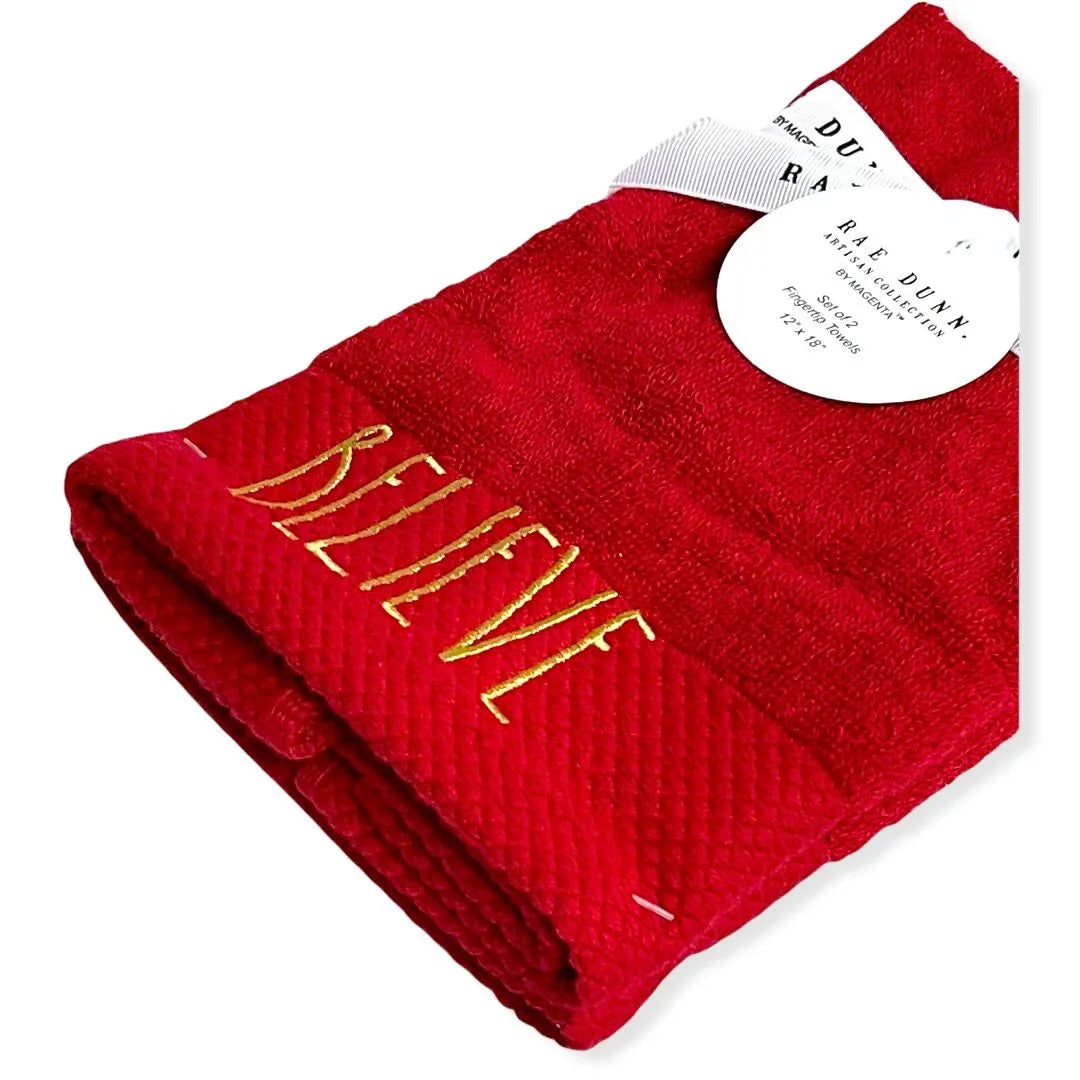 Rae Dunn Fingertip Towels Set of 2 Red -   Gold 12'x 18' Holiday
