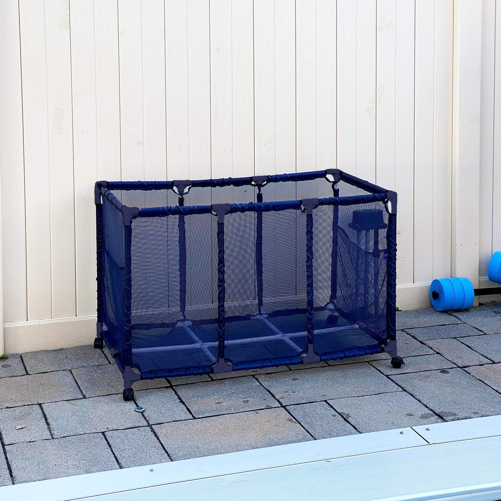 Essentially Yours Pool Noodles Holder, Toys, Floats, Balls and Floats Equipment Mesh Rolling Storage Organizer Bin, Kids Height, Large, (43" W x 25" L x 28" H), Blue Style 563009