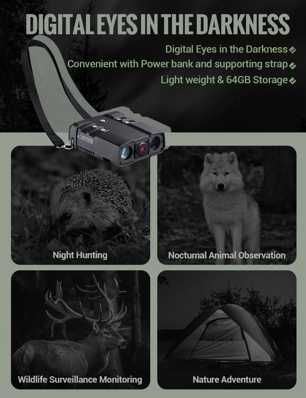 10.8 x 31mm Night Vision Binoculars for Total Darkness with 64G  Card Infrared Digital Night Vision Binocular with Large Viewing Screen Hunting Binoculars for Day and Night