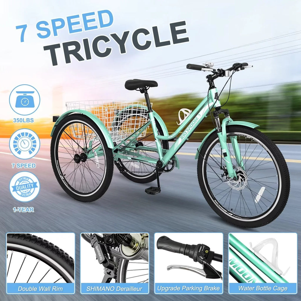 Adults Mountain Tricycles, 24"/26"/27.5" 7-Speed Heavy Duty Trikes w/Spacious Basket 3-Wheeled Bike for Adventurous Rides, Shopping, Exercise, and Recreation