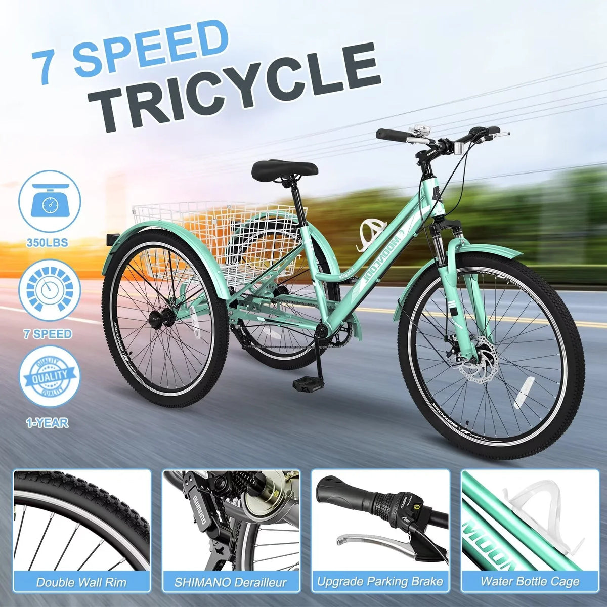 Adults Mountain Tricycles, 24"/26"/27.5" 7-Speed Heavy Duty Trikes w/Spacious Basket 3-Wheeled Bike for Adventurous Rides, Shopping, Exercise, and Recreation