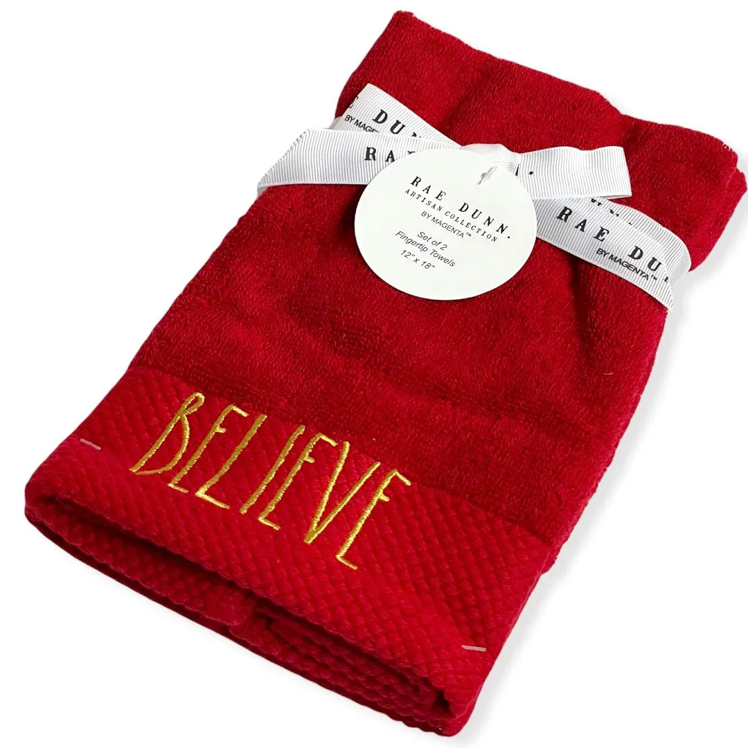 Rae Dunn Fingertip Towels Set of 2 Red -   Gold 12'x 18' Holiday
