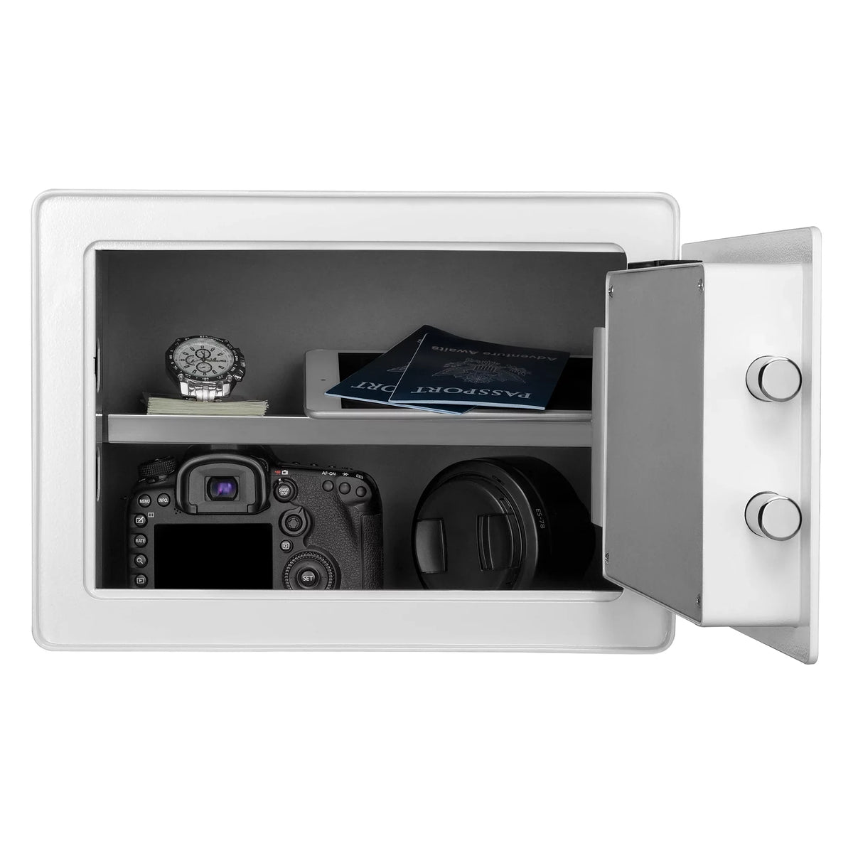 Pen + Gear Safes 0.57  with Electronic Lock, Backup Key, 1 Shelf, Carpeted Interior, White