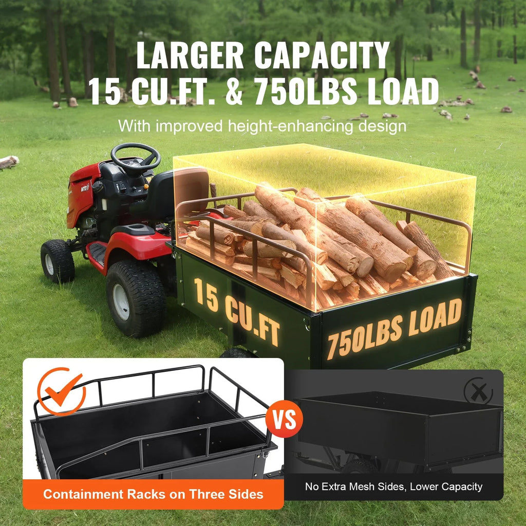 Heavy Duty  Trailer, 750lb Steel Dump Cart with 15 Cubic Feet Capacity, Garden Utility Trailer for Riding Lawn Mower Tractor