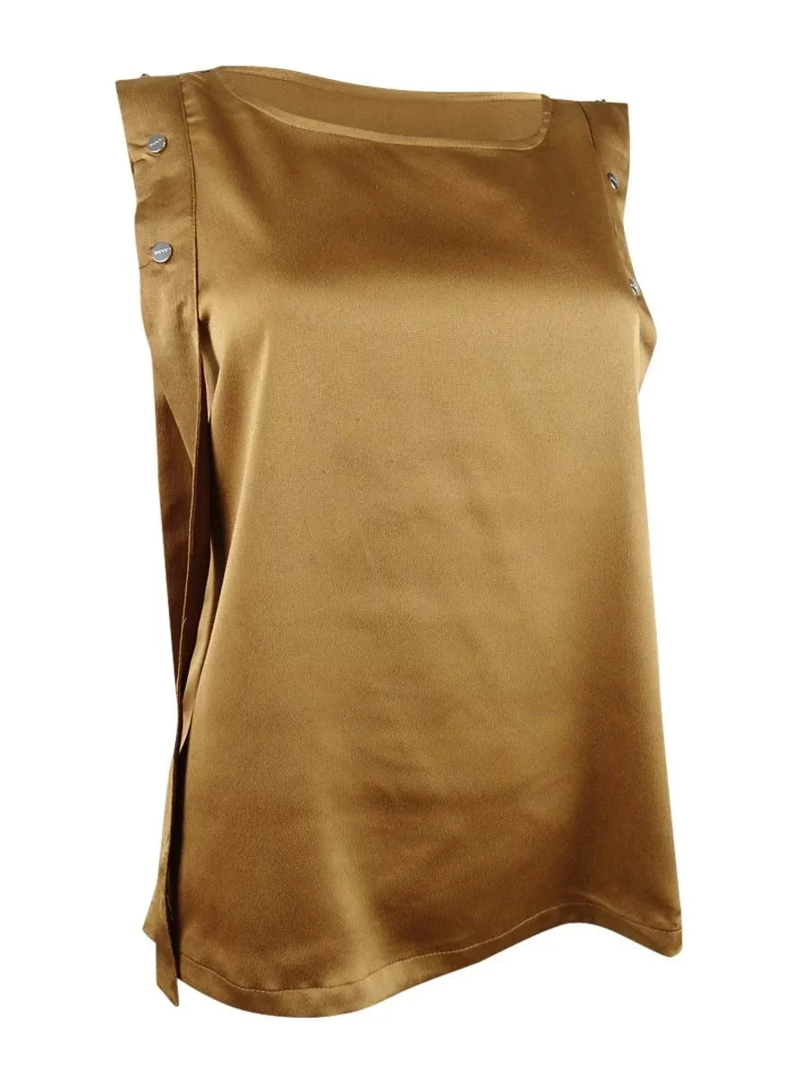 Women's Solid Snap Overlay Sleeveless Top (, Luggage)