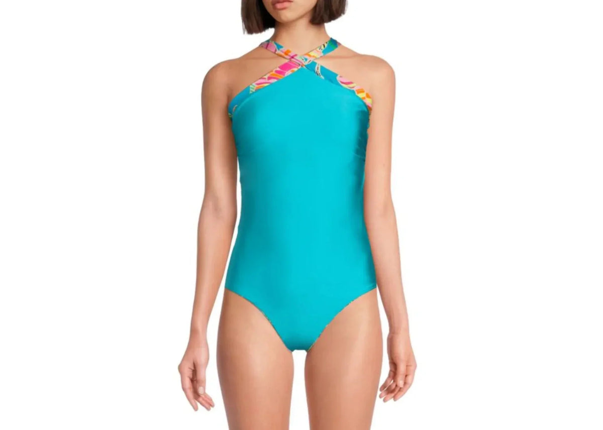Trina Turk Womens Reversible Halterneck Reversible Nylon One-Piece Swimsuit