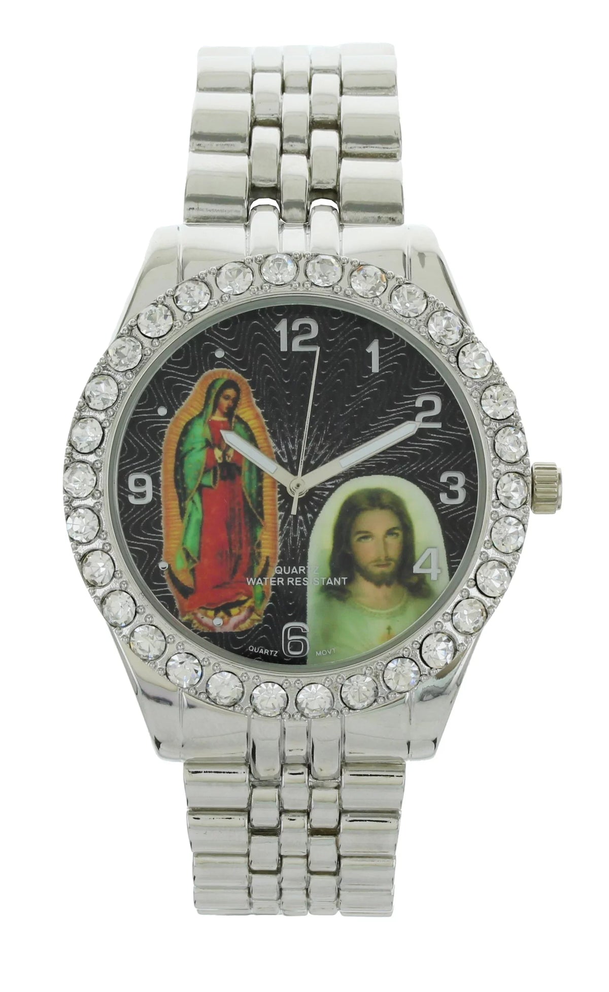 Men's Our Lady of Guadalupe and Jesus Silver-Tone Metal Bracelet Watch with Neckless and Cross Pendent Set