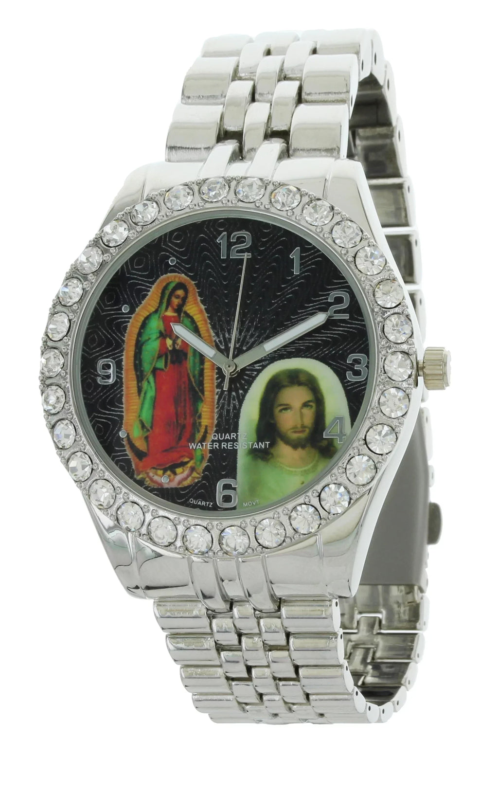 Men's Our Lady of Guadalupe and Jesus Silver-Tone Metal Bracelet Watch with Neckless and Cross Pendent Set