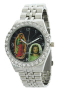 Men's Our Lady of Guadalupe and Jesus Silver-Tone Metal Bracelet Watch with Neckless and Cross Pendent Set