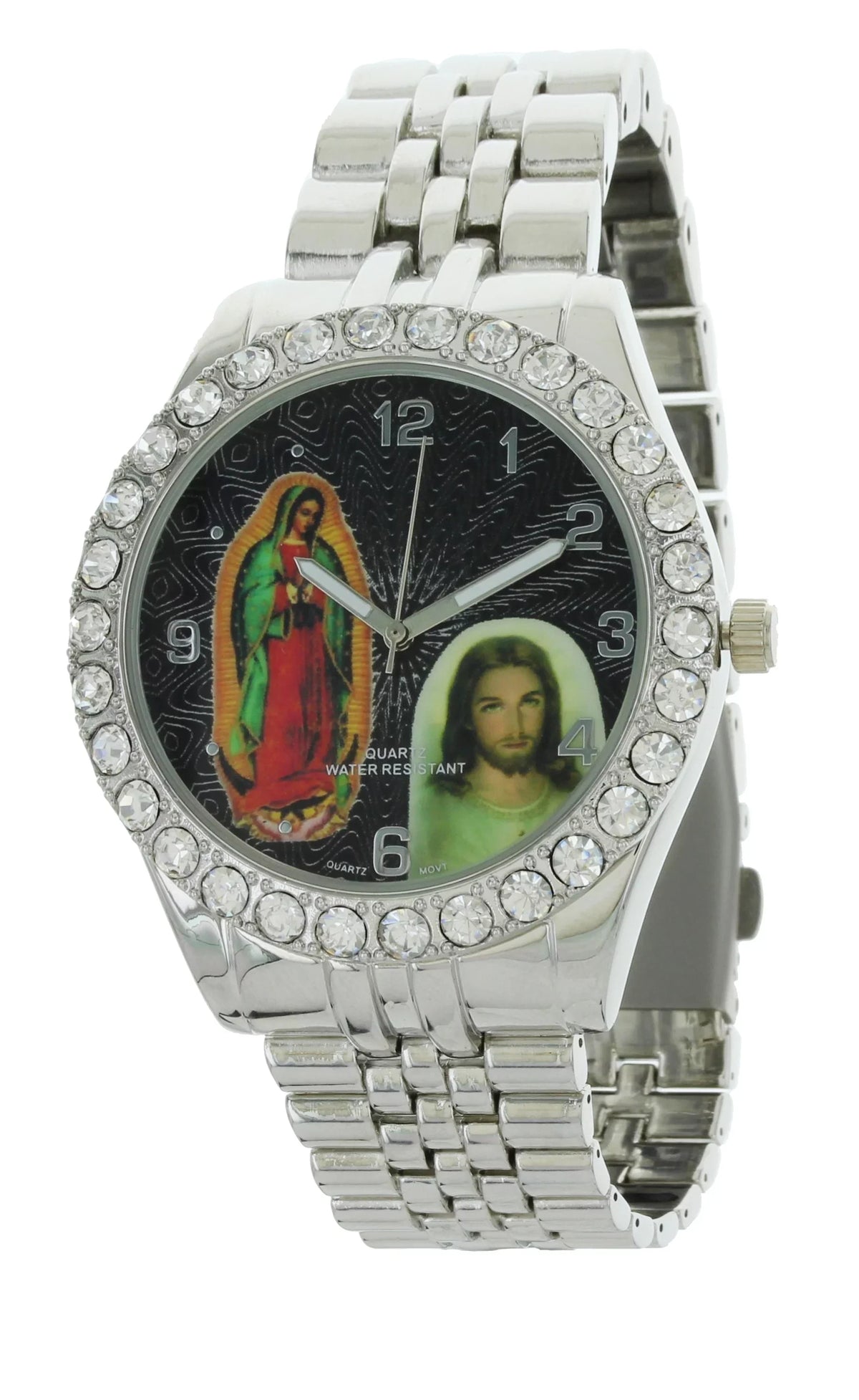 Men's Our Lady of Guadalupe and Jesus Silver-Tone Metal Bracelet Watch with Neckless and Cross Pendent Set
