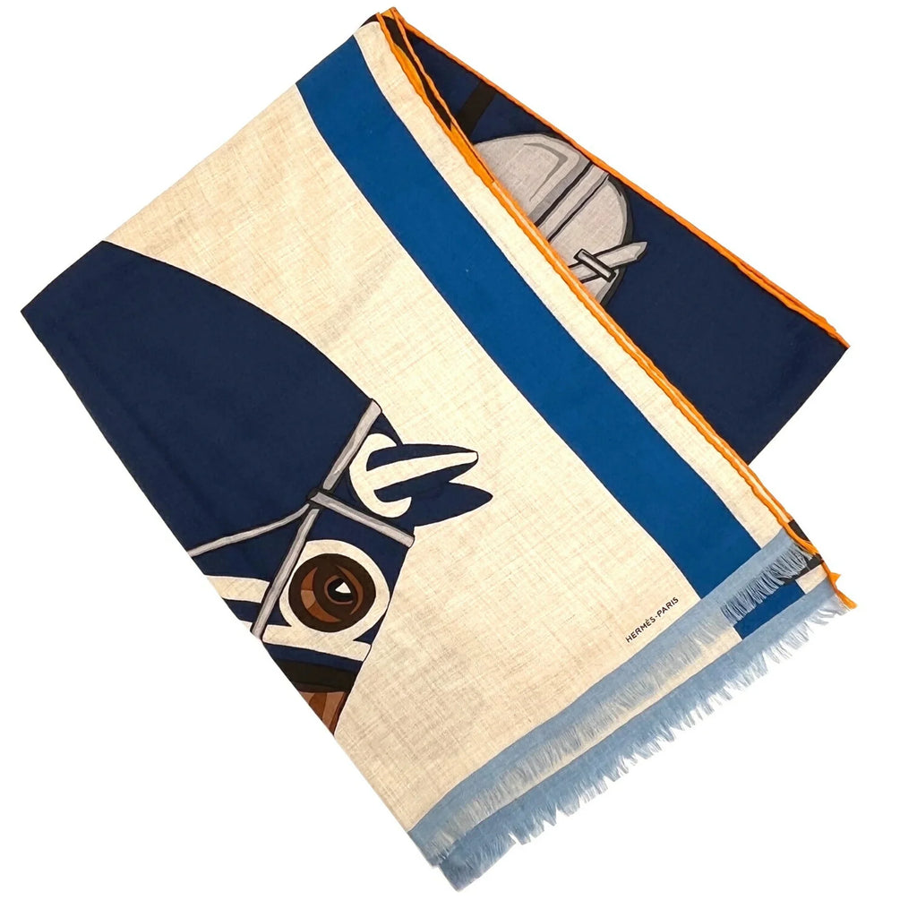 Pre-Owned  Hermes Rectangle Stole 2022 Spring/Summer Collection Natural Jaune Marine Silk Cashmere Scarf 22SS Women's Men's (Like New)