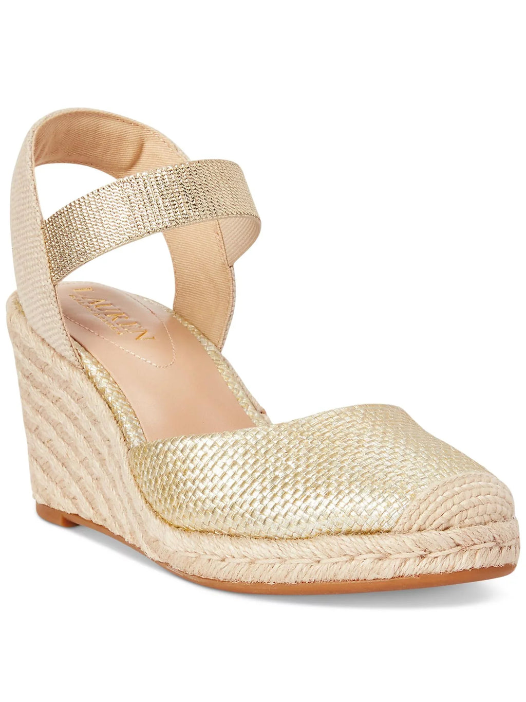 Mens Gold Mixed Media Ankle Strap Padded Pearle Cap Toe Wedge Slip On Espadrille Shoes 8 B