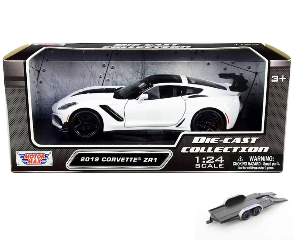Diecast Car w/Trailer - 2019 Chevy Corvette ZR1, White - Motor Max 79356WH - 1/24 scale Diecast Model Toy Car