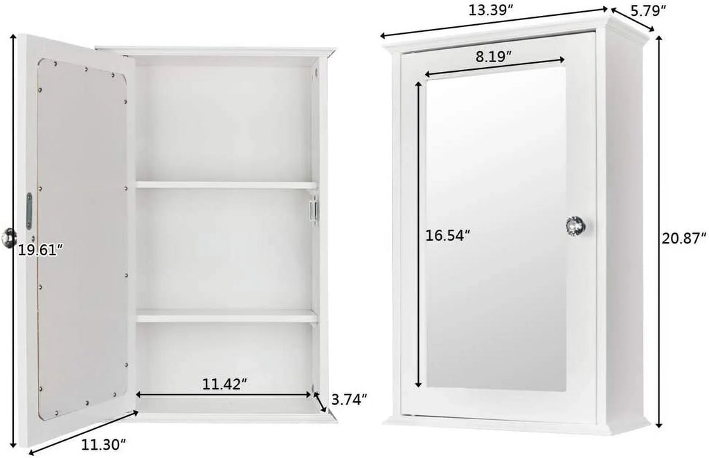 Bathroom Cabinet Wall Mount Mirrored Medicine Cabinet Storage Organizer with Single Door and 2 Adjustable Shelves White