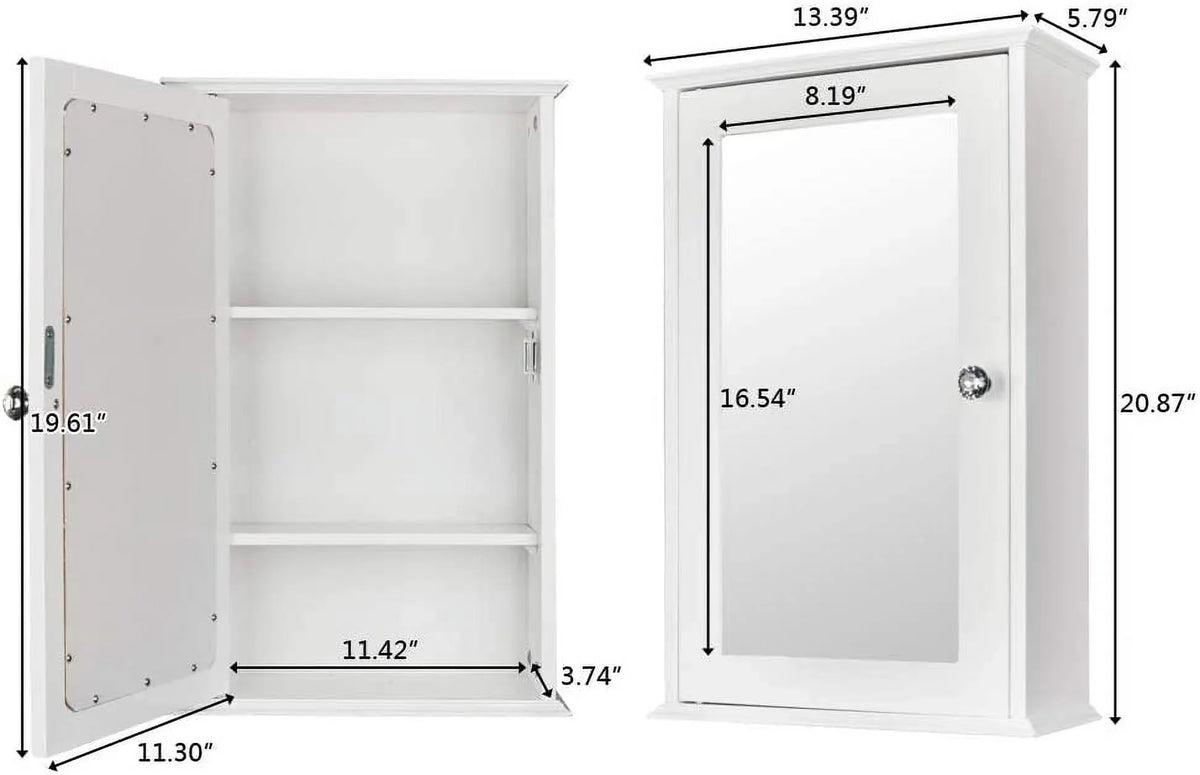 Bathroom Cabinet Wall Mount Mirrored Medicine Cabinet Storage Organizer with Single Door and 2 Adjustable Shelves White