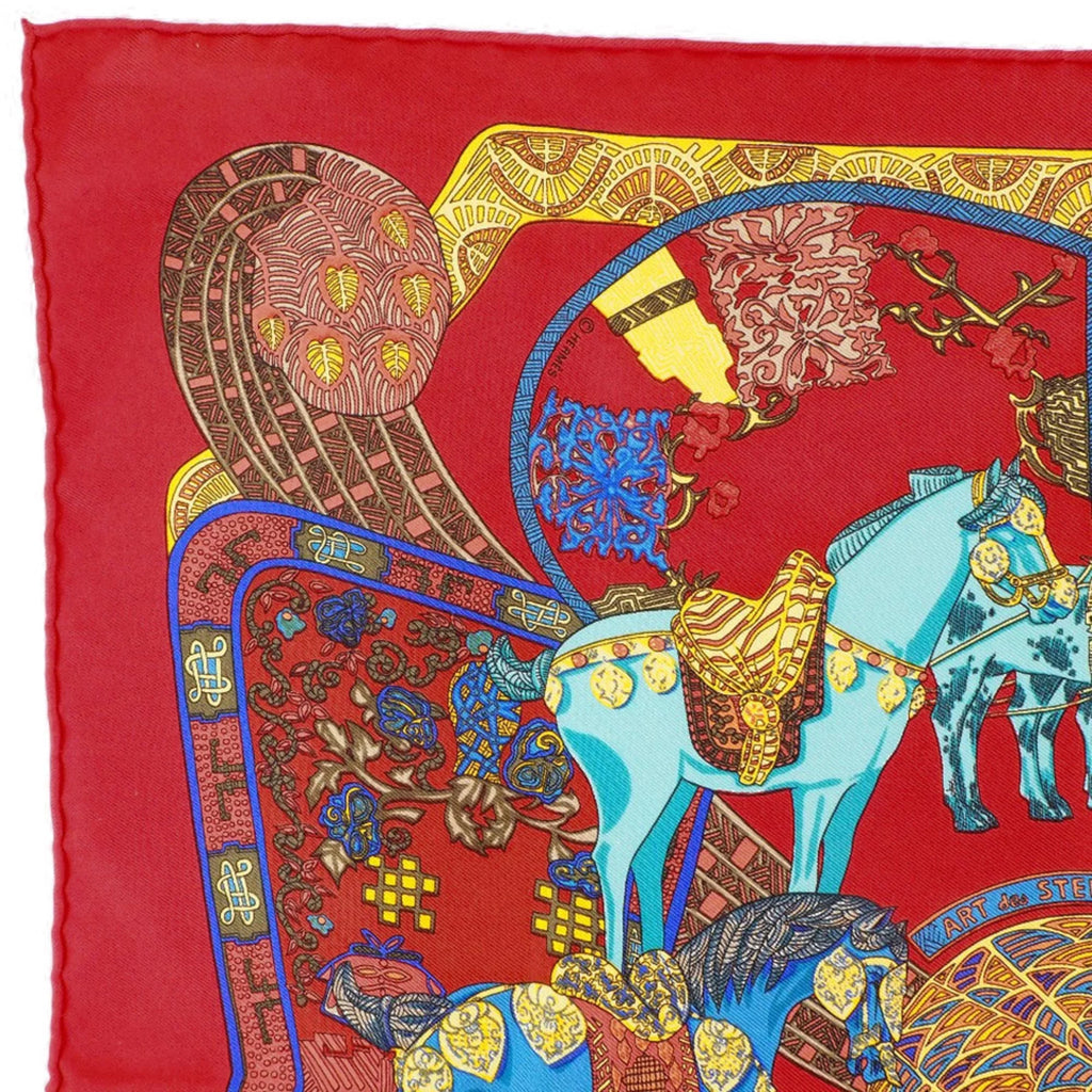 Pre-Owned Hermes Carré 45  des  Step Art Silk Red Women's Scarf (Like New)