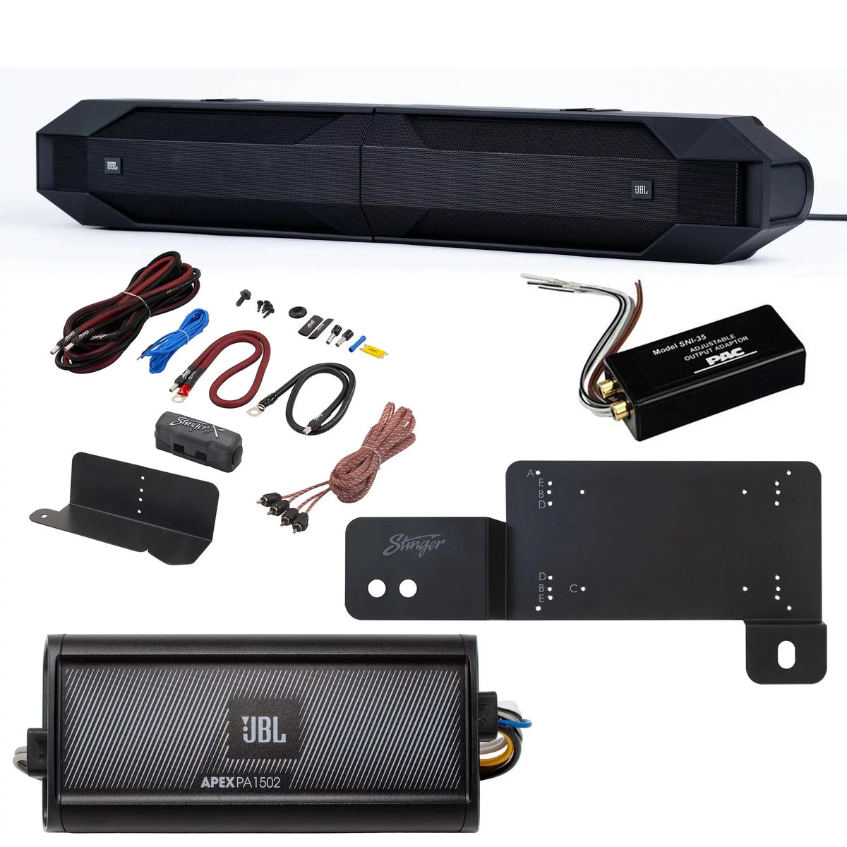 JBLBB4005D - 5-Door Passive Sound Bar Compatible with Bronco with  Apex  1502 2 Channel Marine & Powersport Amplifier - 150 x 2 At 2-Ohms and Bronco Install Accessories