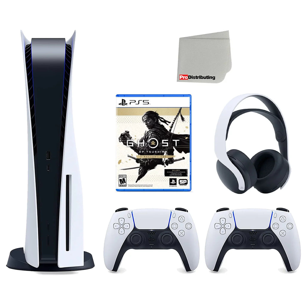 Sony Playstation 5 Disc Version Console with Extra White Controller, White  3D Headset and Ghost of Tsushima Director's Cut Bundle with Cleaning Cloth