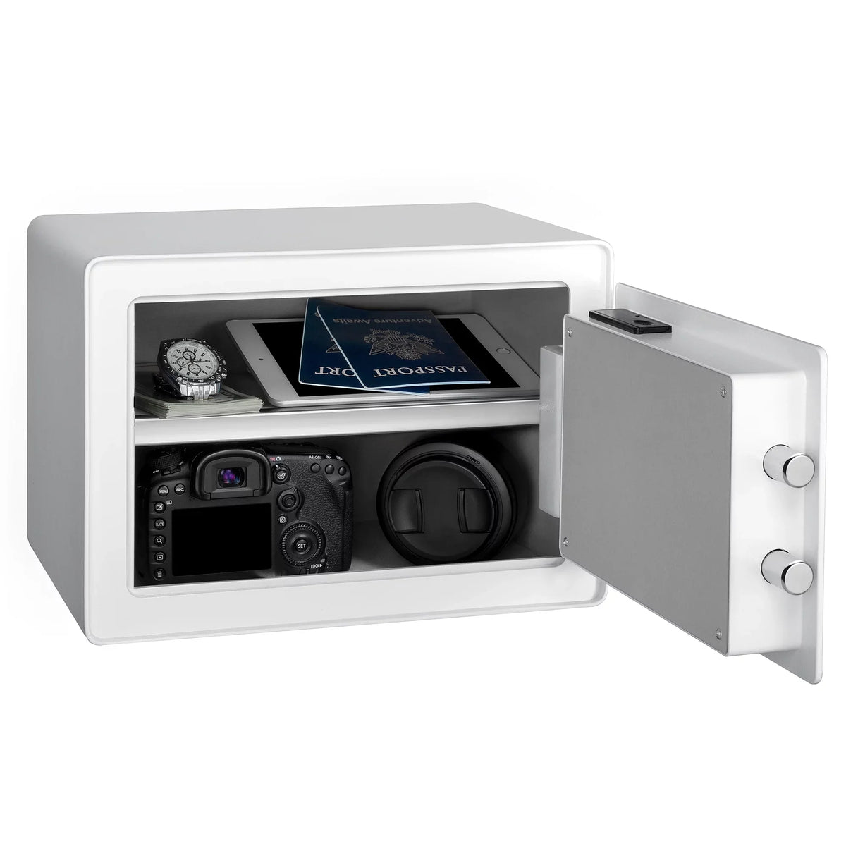 Pen + Gear Safes 0.57  with Electronic Lock, Backup Key, 1 Shelf, Carpeted Interior, White