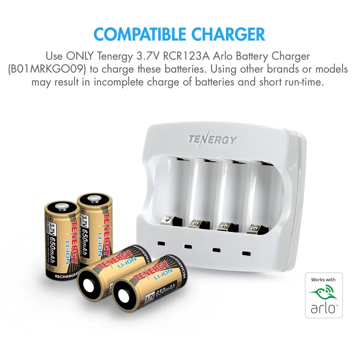 Tenergy Rechargeable Batteries 12-Pack Batteries and Charger, Li-ion 3.7V 650mAh Battery for Arlo Camera (VMC3030)