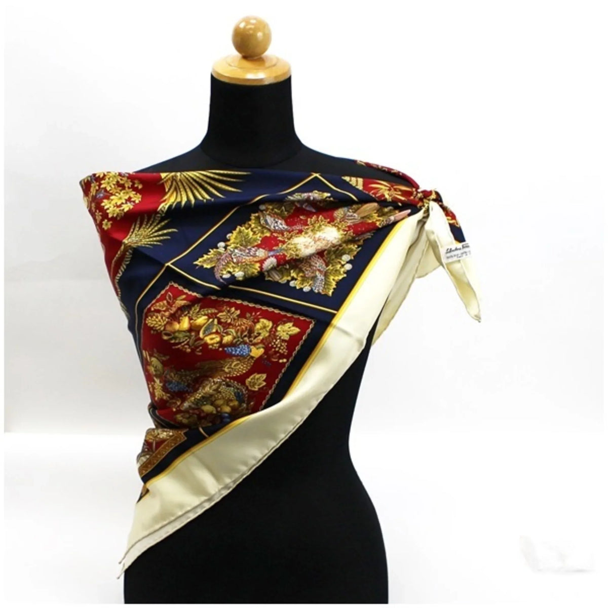 Pre-Owned Salvatore Ferragamo silk scarf muffler ivory × navy animal and plant pattern   ladies leopard print (Good)