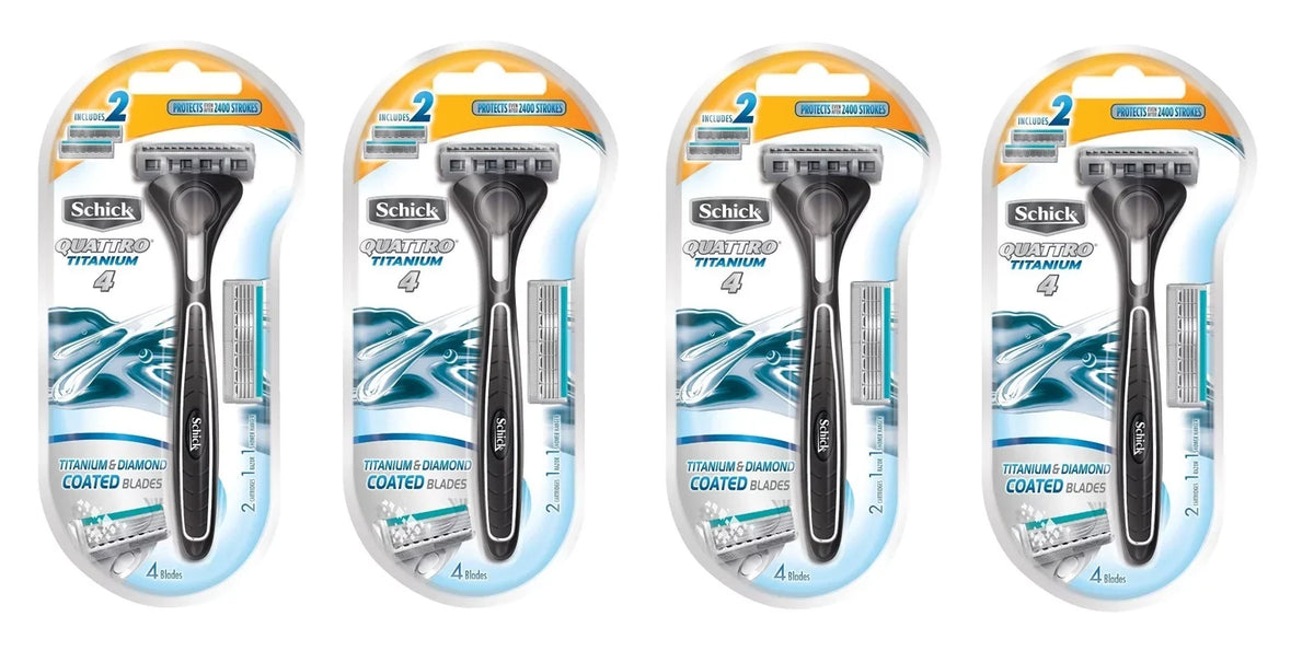 Schick Quattro Razor & Cartridges, Titanium Coated Blades, 1 Razor, 2 Cartridges (Pack of 4) +  Cross Tweezers 71817